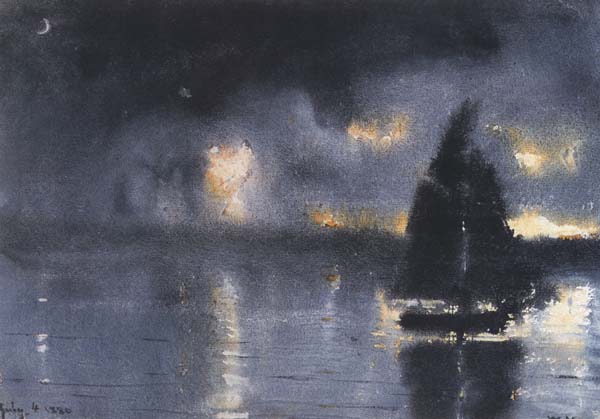 Winslow Homer Sailboat and Fourth of July Fireworks (mk44)